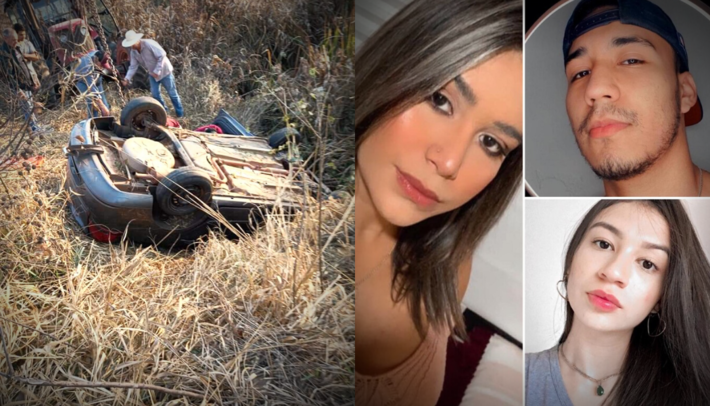 Jovens (D) mortos em acidente - com pingente no pescoço é Leonarda, o jovem é Henrique e a moça com colar de pedra é Bárbara. A imagem do carro capotado é do Jatobá News.