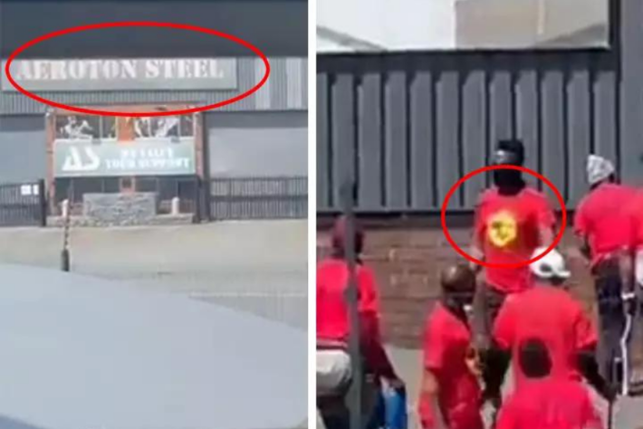 Placa da Aeroton Steel e logo na camiseta de manifestantes atestam que imagens foram gravadas na África do Sul.
