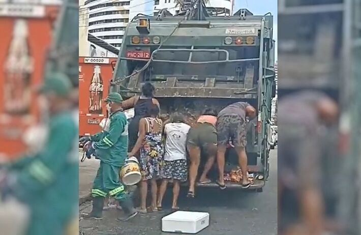 Moradores do Bairro Cocó, em Fortaleza, buscam comida descartada de supermercado que iria para caminhão de lixo  Foto: Reprodução