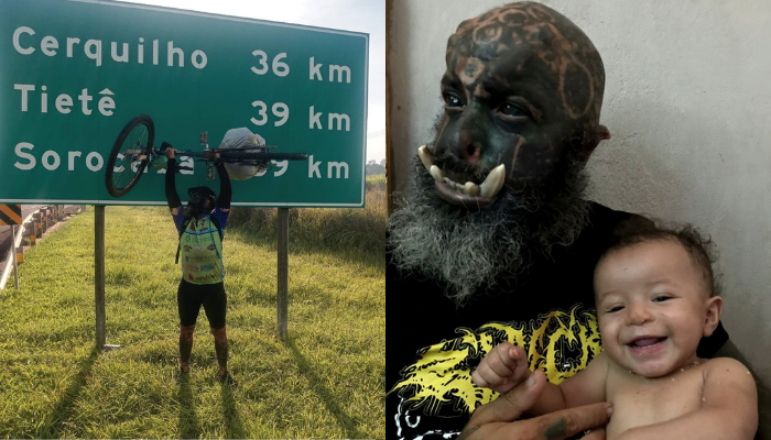 À direita está Orc e seu filhinho Evo. À esquerda Orc celebra a chegada ao trecho de municípios paulistas. Fotos: Redes sociais