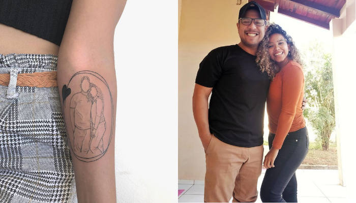 (Dir) Esses são Lucas Maidana e Julie. (Esq.) Tatuagem da foto. Créditos: Arquivo pessoal e tatuagem de @kelvin.barbozaa 