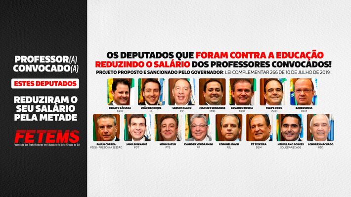 Esses são os deputados que votaram pela aprovação do projeto que reduziu salário de professore convocados em Mato Grosso do Sul. Foto: Fetems