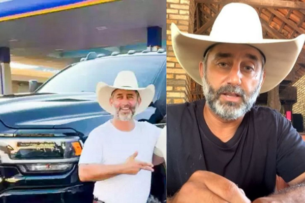 Esse é o prefeito de Ivinhema, ao lado esquerdo, posa para foto a frente de caminhonete comprada com dinheiro da rifa beneficente. Foto: Redes 