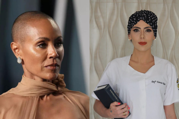 (Esq: Jada Pinkett após cerimônia do Oscar 2022 Foto: REUTERS/Danny Moloshok). | (Dir: Vanessa Rosa, professora de enfermagem da Estácio. Foto: Divulgação)