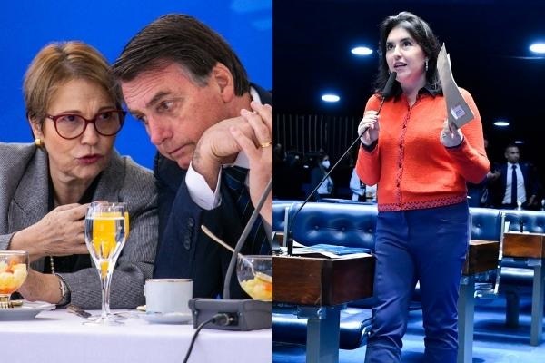 Simone Tebet, Jair Bolsonaro e Tereza Cristina. Fotos: Reprodução - Senado e Planalto 