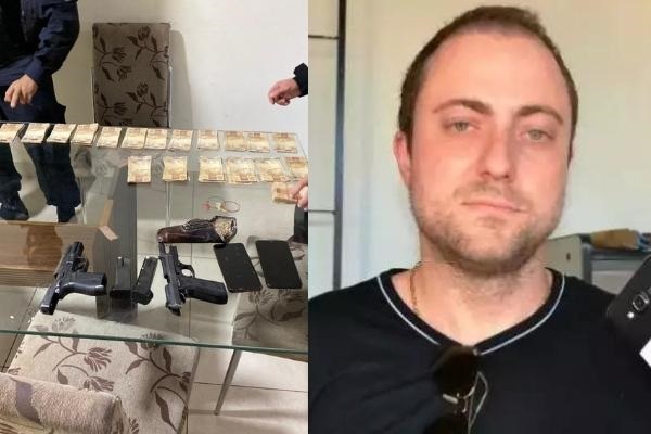 Delegado Patrick à esquerda. À direita uma imagem mostra valores, armas e celulares apreendidos pelo Gaeco. Fotos: Reprodução