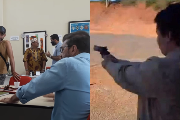 À esquerda um print de vídeo do bate-boca de Kemp em 2020. À direita está João Henrique Catan, disparando uma pistola. Fotos: Prints