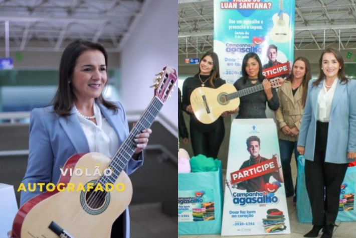 Adriane Lopes divulga campanha do agasalho que sorteia violão autografado por Luan Santana. Fotos: Redes 