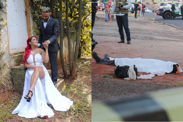 {À esquerda} Adriano celebra feliz com a noiva em 9 de outubro de 2020. {À direita} o corpo de Adriano caído sobre o espaço reservado par calçada, na Avenida das Bandeiras em Campo Grande, em 27 de maio de 2022. Crédito: foto da direita - Diário Digital. 