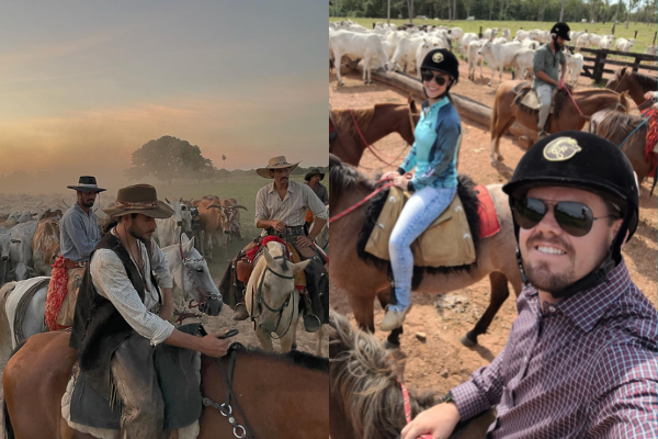 Casal à direita revive cenário semelhante à novela em fazenda no Pantanal. Foto: Divulgação 