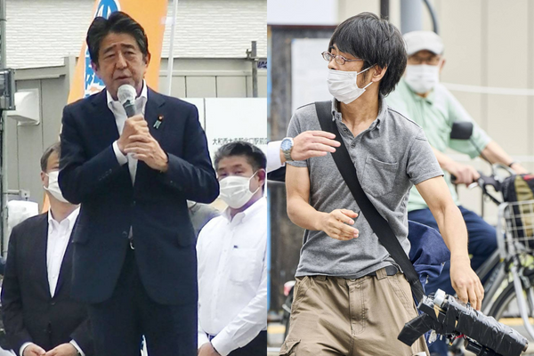  O atirador Tetsuya Yamagami, de 41 anos (dir.). O ex-primeiro-ministro japonês Shinzo Abe (esq.). Fotos: QUIODO