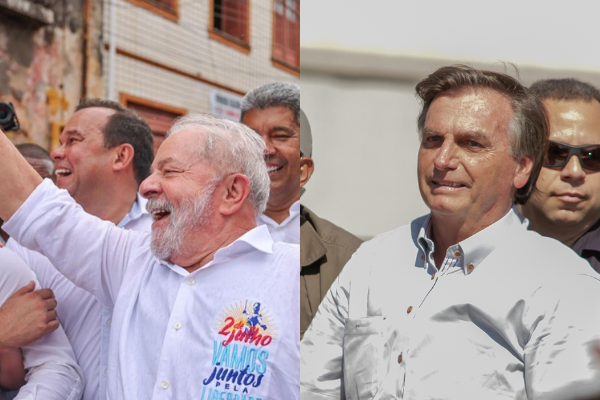 Foto à esquerda: Lula cumprimenta apoiadores em visita a Salvador. Crédito: @ricardostuckert. Foto à direita: Jair Bolsonaro em visita à MS. Crédito: Tero Queiroz