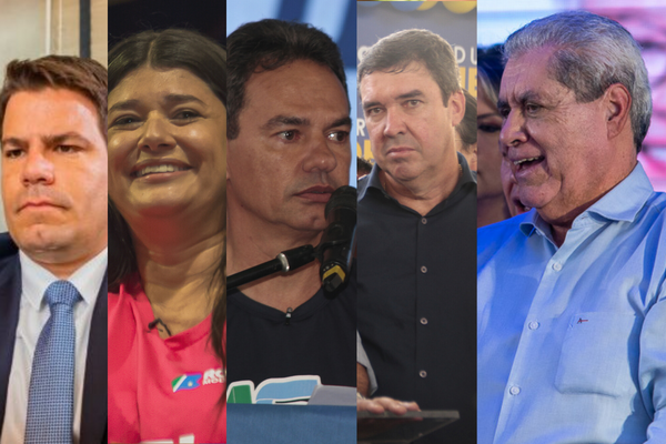 Da direita para esquerda os candidatos: André Puccinelli; Eduardo Riedel; Marquinhos Trad; Rose Modesto e Capitão Contar. Fotos: Tero Queiroz
