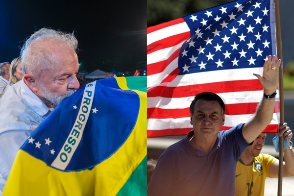 (Esq: Lula beija bandeira do brasileira na Baixada Fluminense. Foto: Ricardo Stuckert/11.10.2022_). (Dir: Com uma bandeira dos EUA ao fundo, Jair Bolsonaro cumprimenta apoiadores durante protesto em Brasília. Foto: Ueslei Marcelino - 3.mai.20/Reuters).  