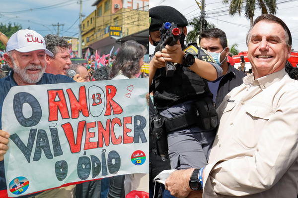 (Esq: Lula durante campanha. Foto: Ricardo Stuckert). (Dir: Bolsonaro em agenda como nadatário. Foto: Alan Santos).