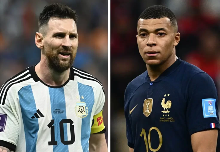Lionel Messi e Kylian Mbappé mostram qual é o papel de um camisa 10 de seleção. Fotos: GABRIEL BOUYS,JEWEL SAMAD/AFP/Getty Images