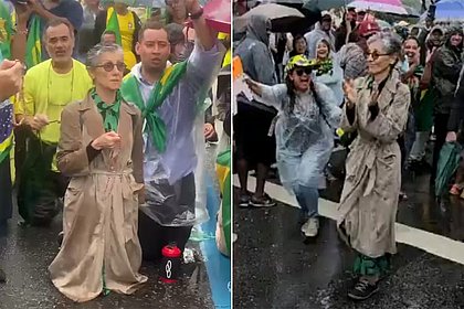 Cássia Kis ajoelha e reza em frente a Comando Militar em ato antidemocrático