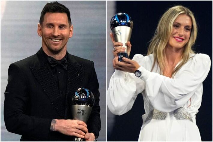 Lionel Messi, da Argentina, e Alexia Putellas, da Espanha, na cerimônia de premiação do Melhor Futebol da FIFA em Paris, França, segunda-feira, 27 de fevereiro de 2023. (AP Photo/Michel Euler)