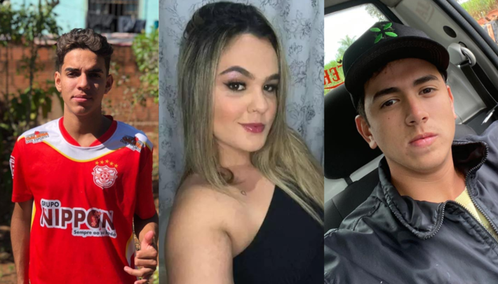 O jogador de futebol, Hugo Vinícius Skulny Pedrosa, de 19 anos, a ex do jogador, Rúbia Joice de Oliver Luivisetto, de 21 anos, e o acusado de assassinato Danilo Alves Vieira da Silva, de 19 anos. Fotos: Redes 