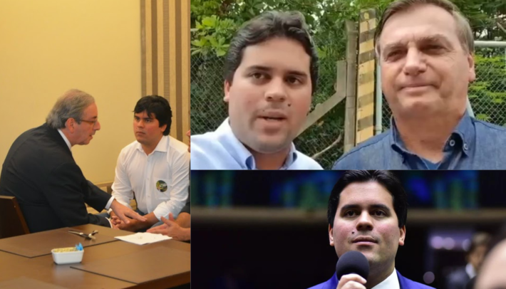 Á esquerda: André Fufuca é acariciado por Eduardo Cunha. À direita, milita ao lado de Jair Bolsonaro (PL). Fotos: Reprodução | Zeca Ribeiro | Câmara dos Deputados