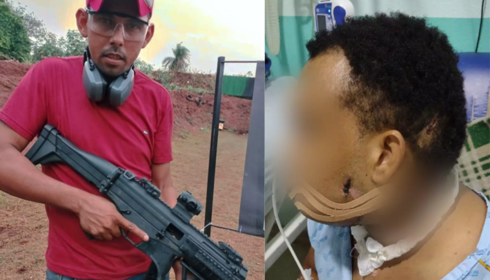 À esquerda, Sidival Ribeiro da Silva, suspeito de liderar grupo de totura e assassinatos em Rochedo (MS). À direita a vítima espancada e alvejada que teve o papagaio de estimação assassinado. Fotos: Reprodução