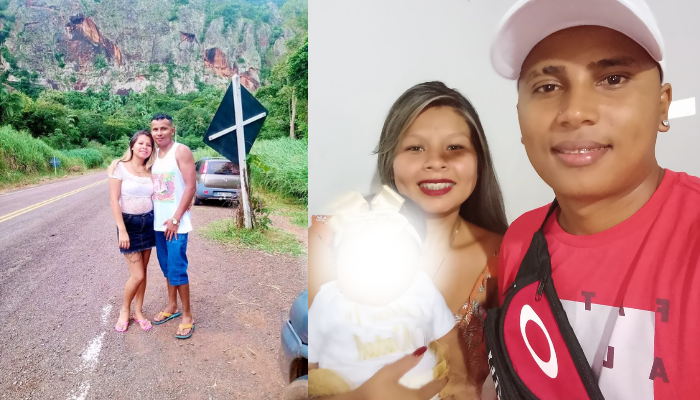 Juliano Azevedo Cardoso, de 28 anos, é procurado pelo assassinato da esposa, Mikaela Oliveira Rodrigues, de 22 anos; ele está com os filhos que teve com a vítima. Fotos: Redes
