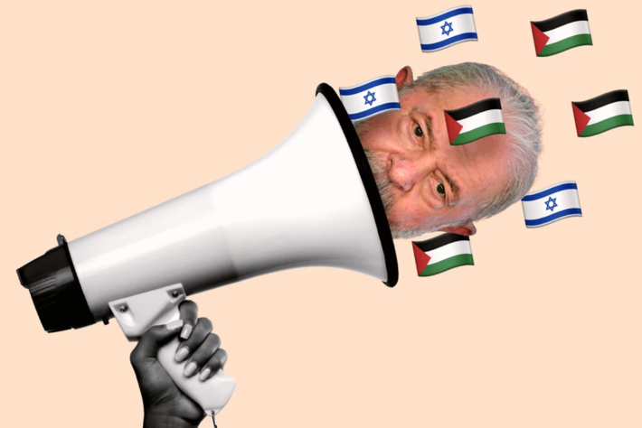 Arte mostra megafone reverberando imagem de Lula entre bandeiras de Israel e da Palestina. Ilustração: Intercept Brasil