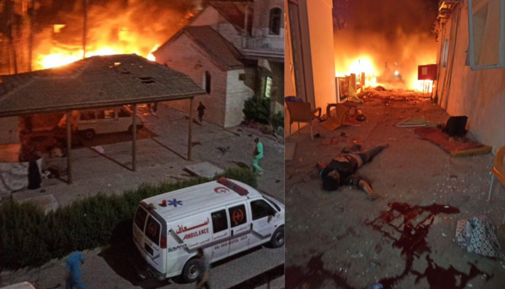 (17.out.23) - Israel ataca Hospital Ahli Arabi, em Gaza, matando mais de 500 palestinos, diz ministério. Fotos: Reprodução