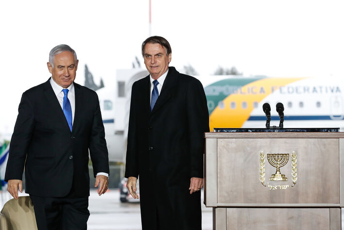 (31/03/2019) - O Primeiro-Ministro de Israel, Benjamin Netanyahu e Jair Bolsonaro numa cerimônia em Tel Aviv, Israel. Foto: Alan Santos/PR.