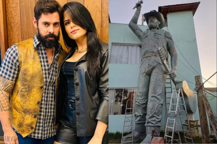 Francine Caroline e João Carreiro, ao lado a estátua feita em homenagem póstuma ao sertanejo. Fotos: Reprodução | Redes 
