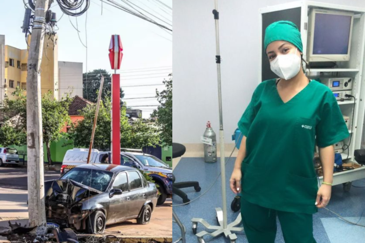 Jovem seguia em carro que ficou destruído ao colidir em poste na avenida Afonso Pena. Fotos: Alicce Rodrigues, Jornal Midiamax | Redes sociais