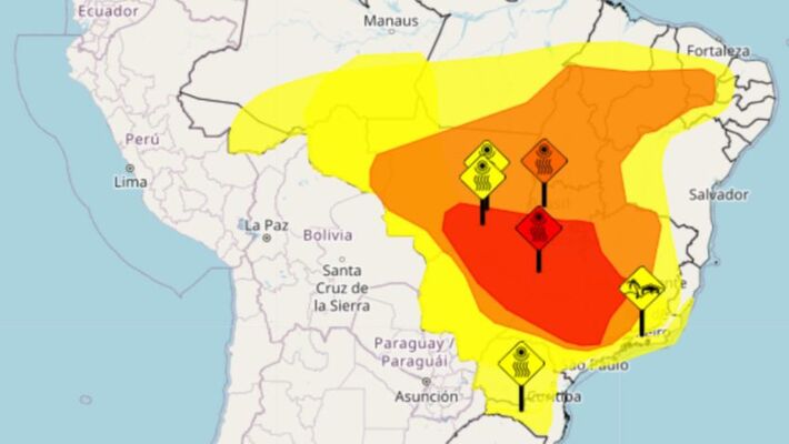 Mapa mostra alertas climáticos emitidos pelo Inmet.  