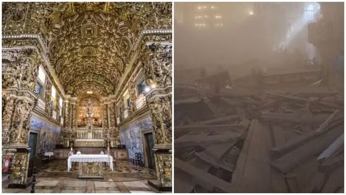 Como era e como ficou o teto da igreja. 