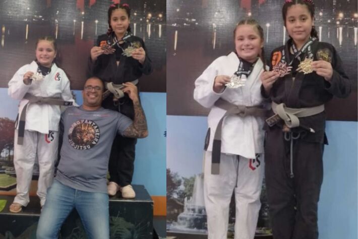 Foto 1: Maria Íris, da SL, e Heloísa Fernandes, da Academia Fight Sports. Divulgação. Foto 2: Maria Íris, professor Sílvio e Heloísa no pódio.