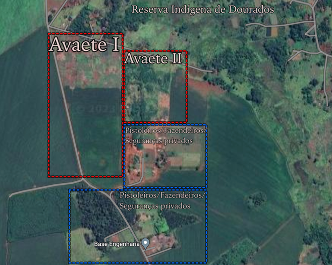 Visão de satélite ampliada da Reserva Indígena de Dourados, retomada Avaete, fazenda de Allan Kruger e cidade de Dourados