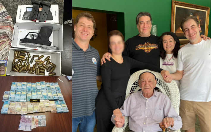 Rafael Razuk, Jorge Razuk, Délia Razuk e Neno, em pé. Roberto Razuk sentado. Ao lado, armas e dinheiro apreendidos pelo GAECO. Foto: Divulgação/Arquivo pessoal