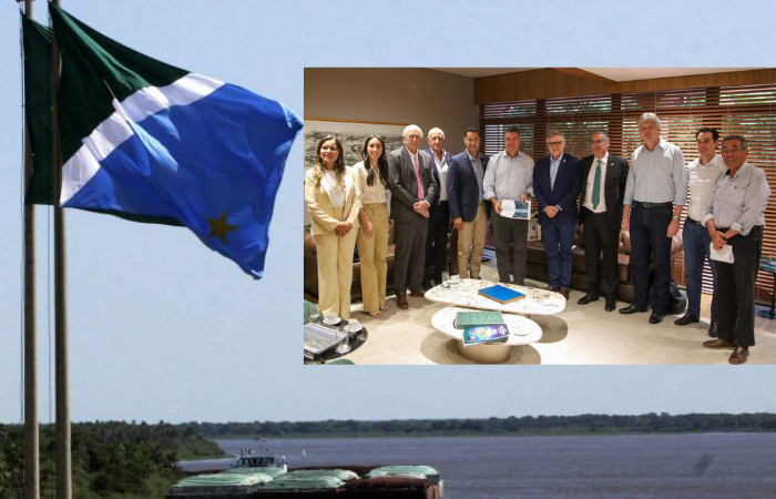 Delegação de Entre Ríos e da PTP Group é recebida no gabinete da Governadoria.