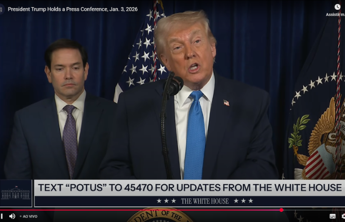 Donald Trump sequestra o governo da Venezuela para os EUA. Foto: Print de transmissão ao vivo