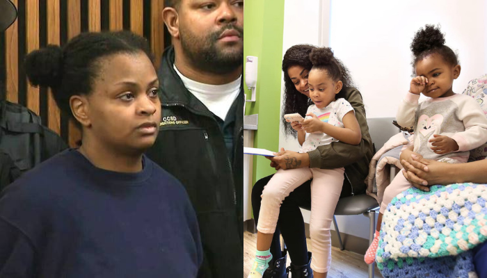 Aliyah Henderson, de 28 anos, durante audiência de instrução em 6 de março de 2026 no Tribunal Municipal de Cleveland. À direita, uma foto de 2019 da mãe, Aliyah Henderson, com suas duas filhas: Amor Wilson à esquerda e Mila Chatman à direita.