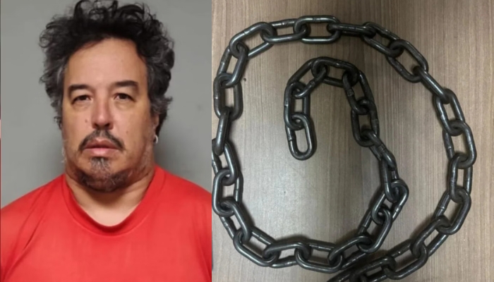 Chris Douglas, preso no caso, à esquerda; à direita, corrente apreendida pela polícia na residência da família | Foto: Divulgação/ PMSP