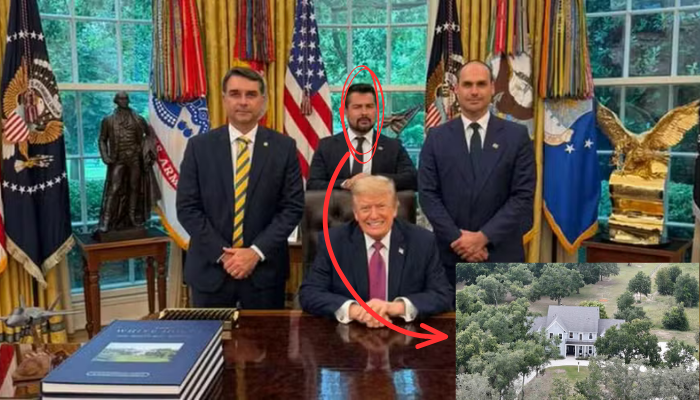 Flávio Bolsonaro (à esq), Paulo Figueiredo (centro) e o foragido do Brasil Eduardo Bolsonaro (à dir) durante visita ao mandatário dos EUA Donald Trump.