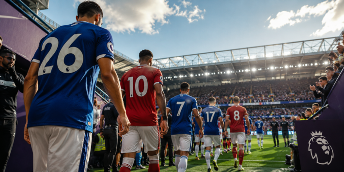 Alt: Jogadores de futebol entram em campo em um estádio lotado