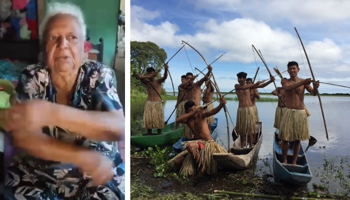 A cacica e linguista Dalva Guató defende a reeleição de Lula. Ao lado, jovens da Aldeia Uberaba, na Ilha Ínsua, durante celebração dos Guató. Fotos: Reprodução e Jorge Eremites de Oliveira.