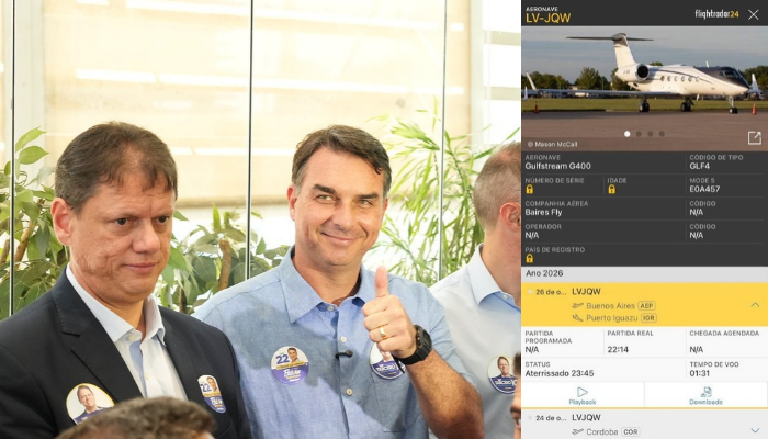 (20/08/2026) - Flávio Bolsonaro e seus aliados: Tarcísio de Freitas, Ricardo Nunes e Guilherme Derrite. Foto: Charles Vieira/Campanha