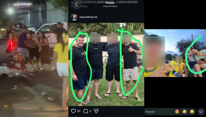 À esquerda, Ewerton, alvejado. No centro, imagem em que pai e filho envolvidos no crime estão circulados. À direita, Alex, um dos alvejados pelo adolescente, pouco antes, durante a manifestação bolsonarista em Bonito.  Créditos: MS Notícias