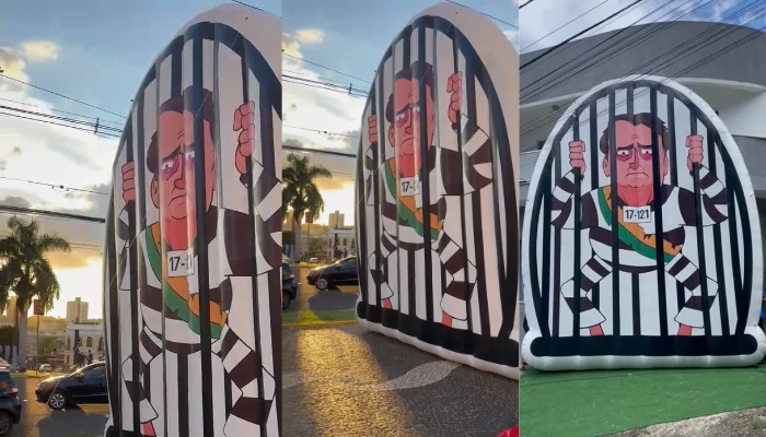 Inflável de bolsonaro atrás das grades faz sucesso no Centro de Campo Grande. Fotos: Reprodução