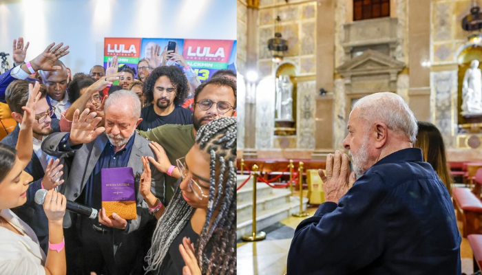Esq.: em 19.out.22, Lula se reúne com evangélicos. Dir.: em 02.out.25, presidente Lula visita a Basílica de Nossa Senhora de Nazaré, em Belém (PA).