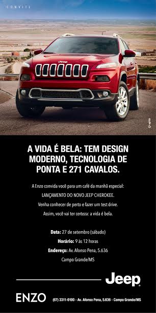 </p>
<p style="text-align: justify;" align="center">Acontece na manhã deste sábado, a partir das 9h, um café da manhã para o lançamento da nova Cherokee Jeep, na Avenida Afonso Pena, 5.636. A quinta geração tem estilo, tecnologia, mecânica moderna e diri