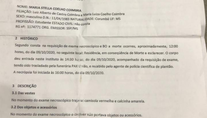 Documento nescroscópico indica a vítima como do sexo masculino.  