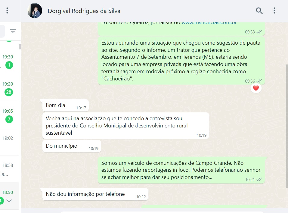 Mensagem trocadas &agrave;s 09h36 de 16 de setembro de 2022. Fonte: MS Not&iacute;cias